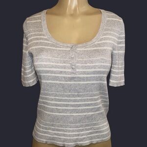 Banana Republic Gray White Striped Ribbed Knit Henley Top Medium NWOT